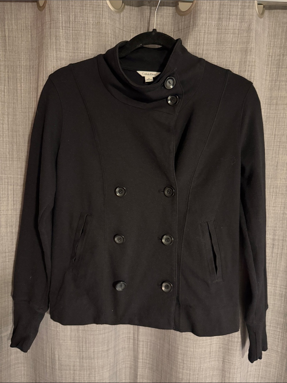 Calvin Klein Black Double-Breasted Pea Coat with High Collar